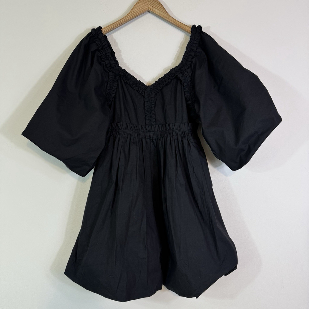 AVEC LES FILLES Cotton Puff Sleeve Bubble Hem Mini Dress Black Size M - Picture 4 of 8